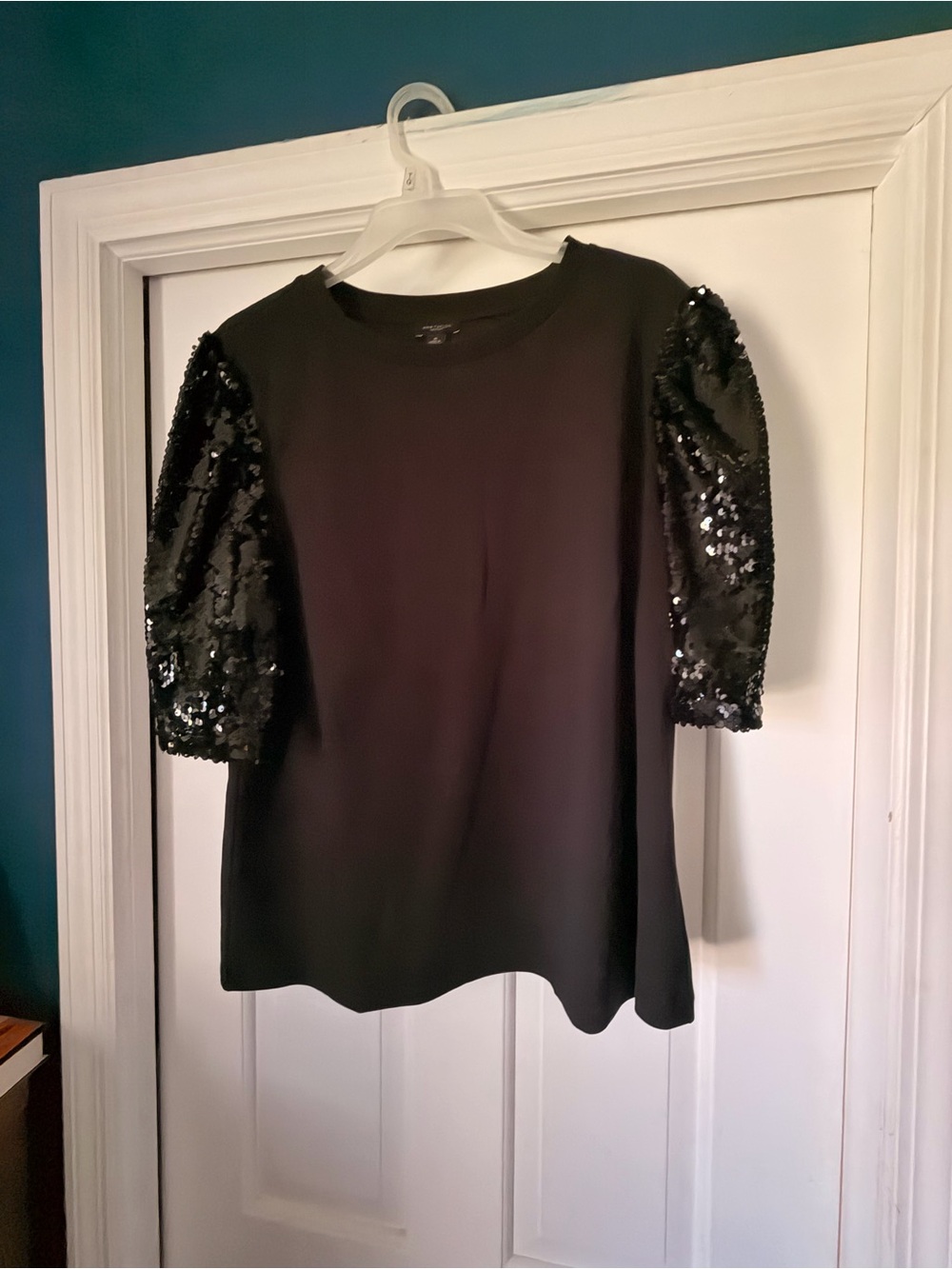 Ann Taylor Black Top with Sequin Puff Sleeves